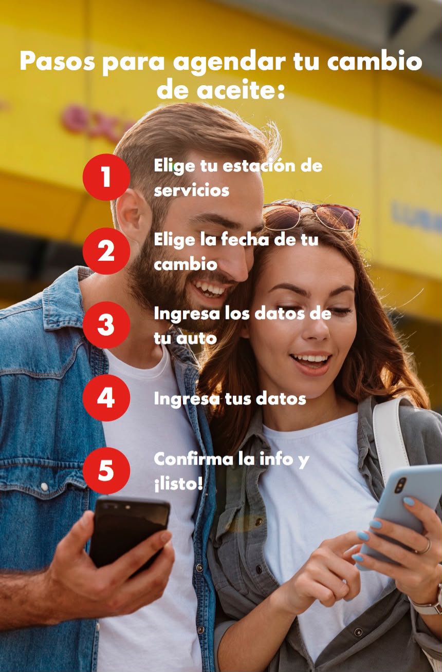 Pareja revisando el celular junto al auto